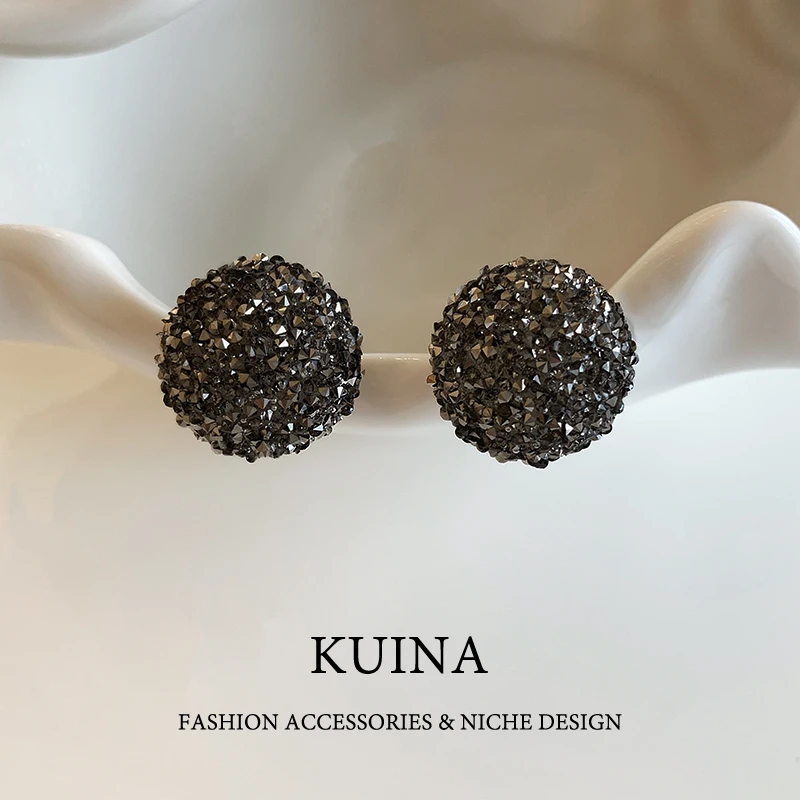 铜合金耳饰 爆闪黑色圆形碎钻纯银针耳钉高级感轻奢气质耳环精致