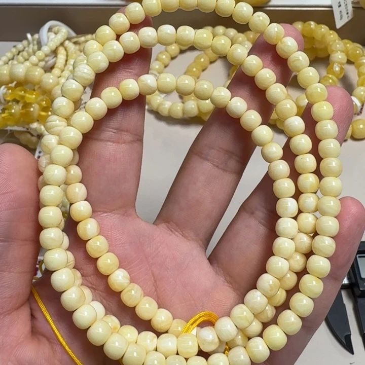 琥珀颈饰未镶嵌6mm108链子奶油白