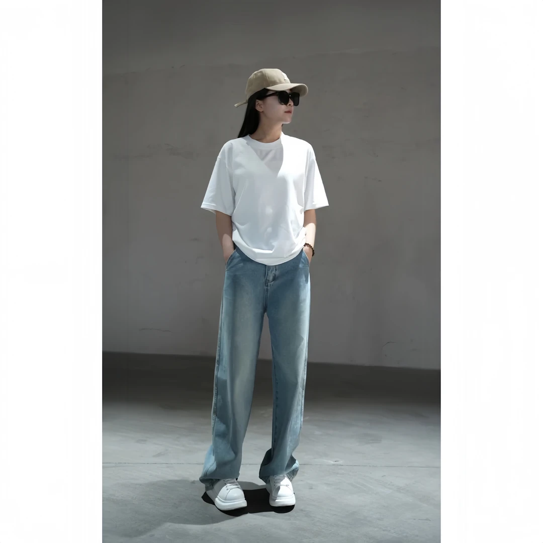 【MYT】男女同款，秋款，复古风松紧腰，宽松直筒牛仔裤。休闲百搭1001