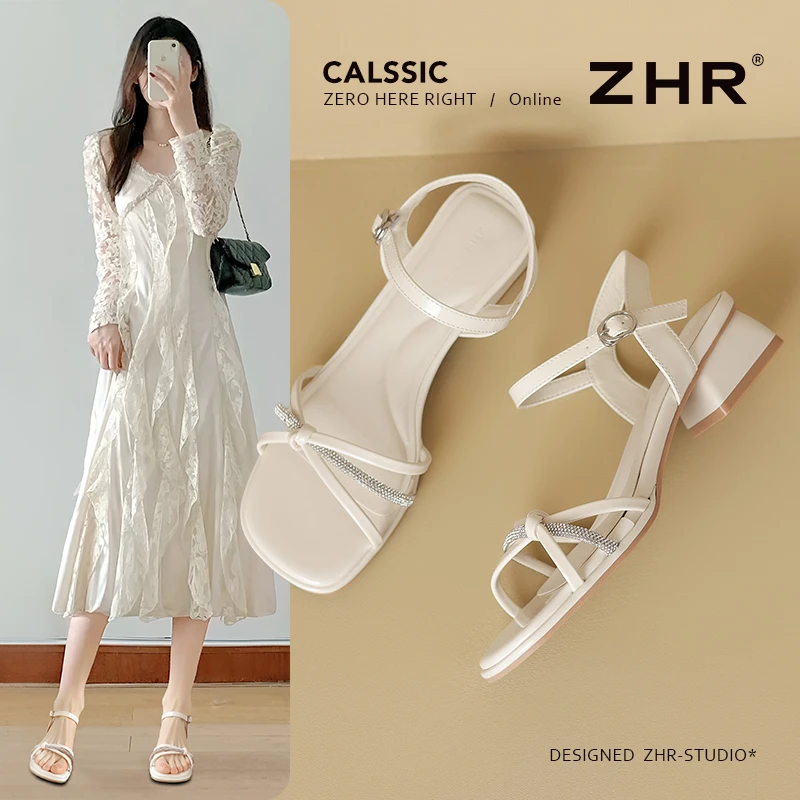 ZHR/则则一字带凉鞋女2025新款洋气ins水钻百搭拖鞋轻便粗跟单鞋