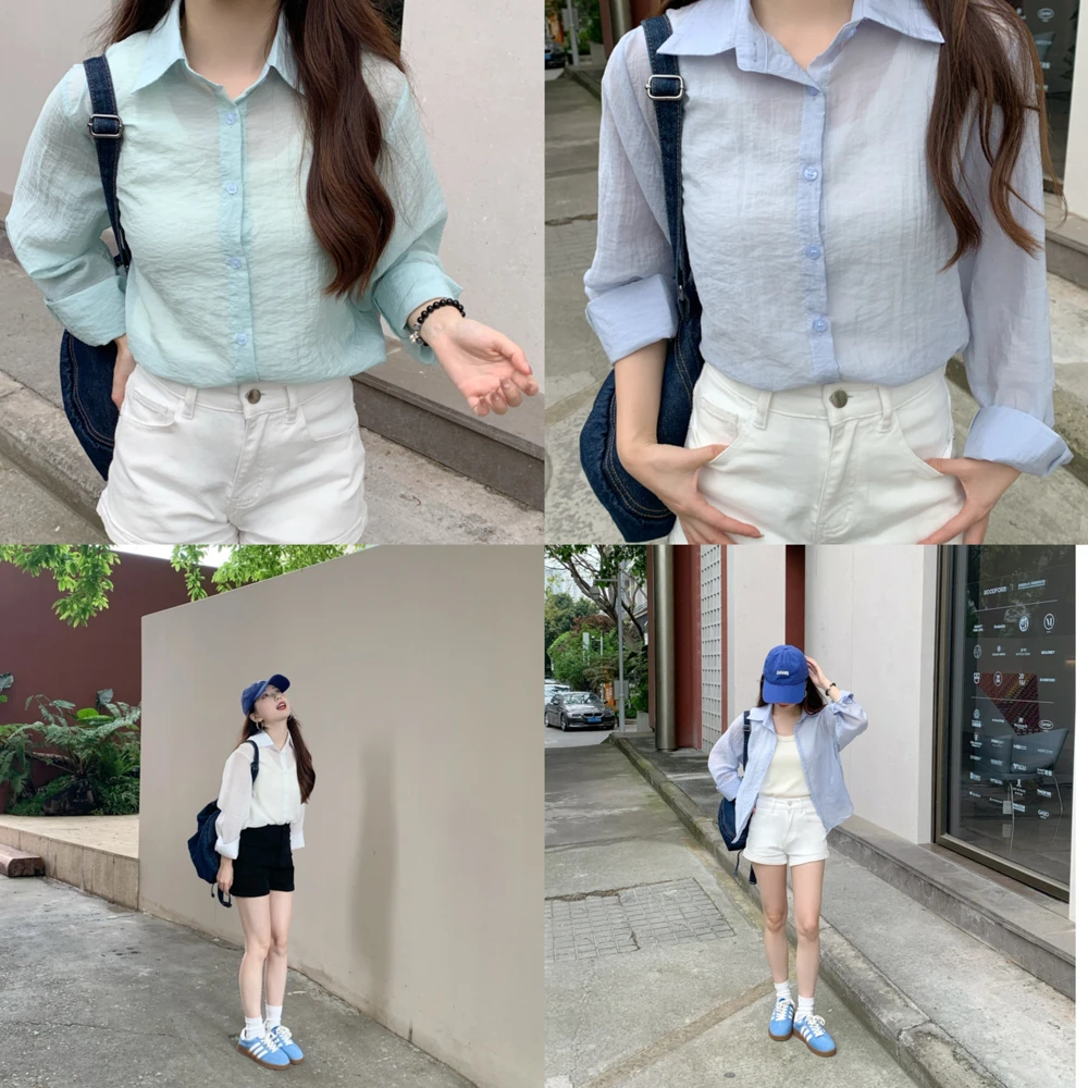 心蓝家【慢节奏衬衣】薄款衬衫小个子外套防晒长袖女装夏150显高