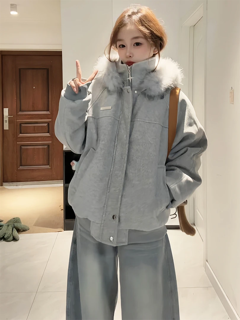 希妮丝 韩系新款潮牌女装女生冬季穿搭灰色毛领外套女秋冬款棉服