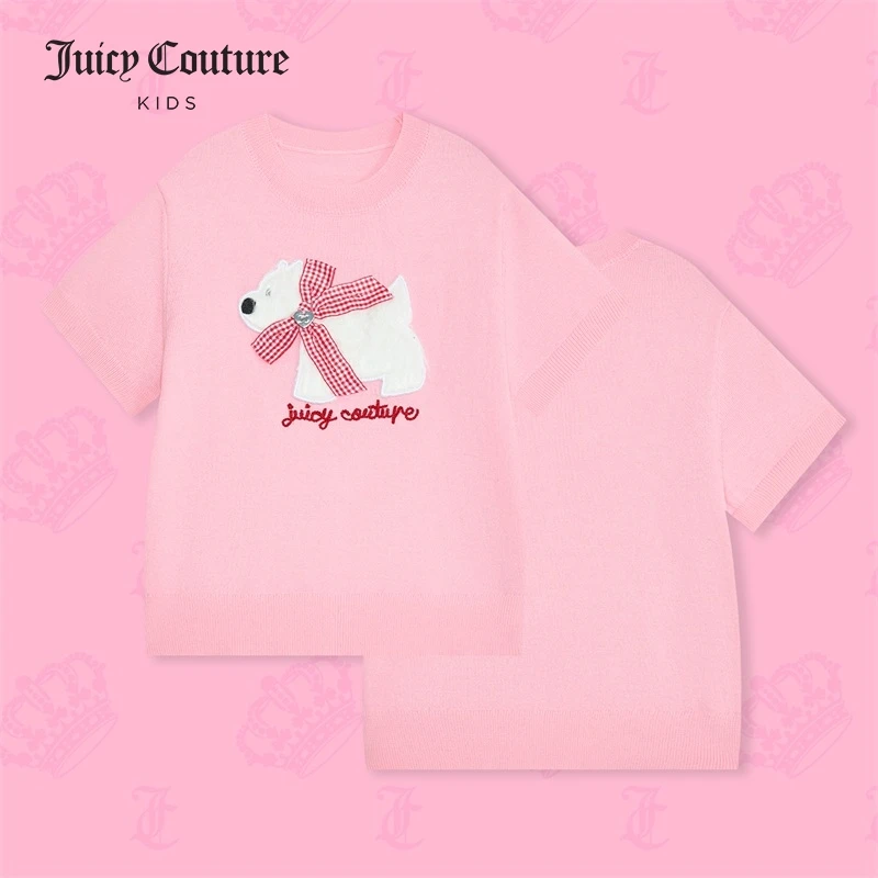 JUICY COUTURE KIDS夏季新款儿童女童时尚蝴蝶结狗狗针织半袖T恤