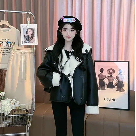 两穿大翻领加绒皮衣外套女冬季小个子高级感皮毛一体加厚短款夹克