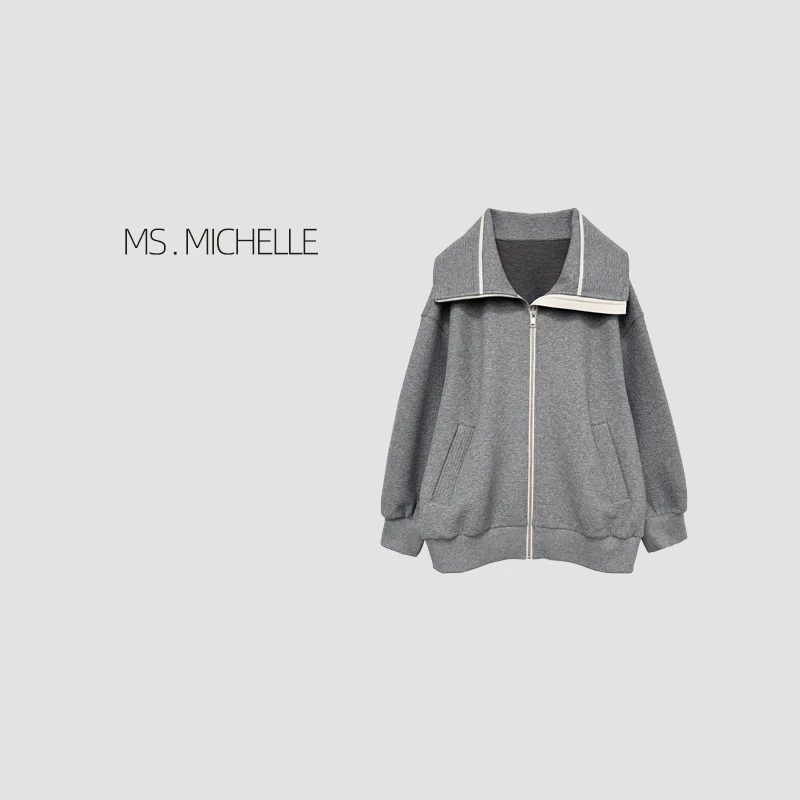 MS.MICHELLE 极简休闲宽松慵懒差异化肌理感大翻领卫衣外套6195