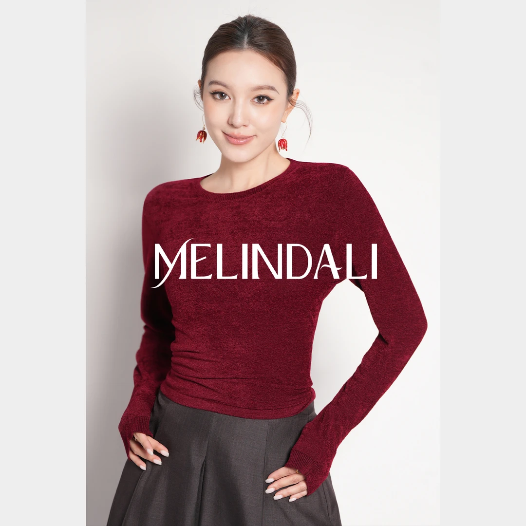 Melinda Li【小石榴】丝光细腻绒面梅洛酒红长袖针织衫上衣打底衫