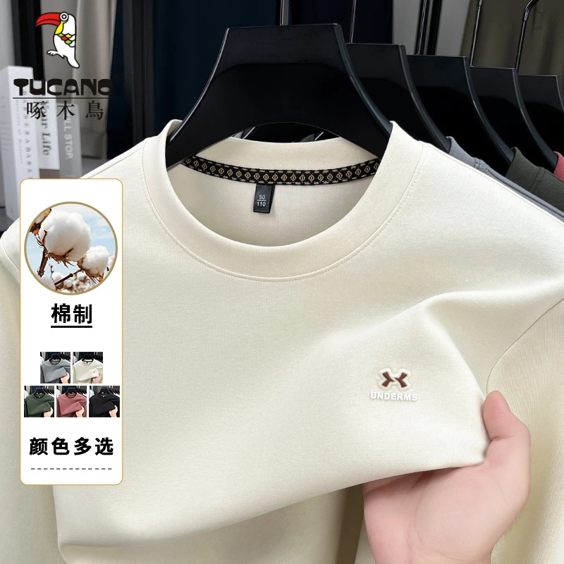 啄木鸟春秋新款男士卫衣长袖T恤休闲宽松圆领套头基础打底上衣潮T