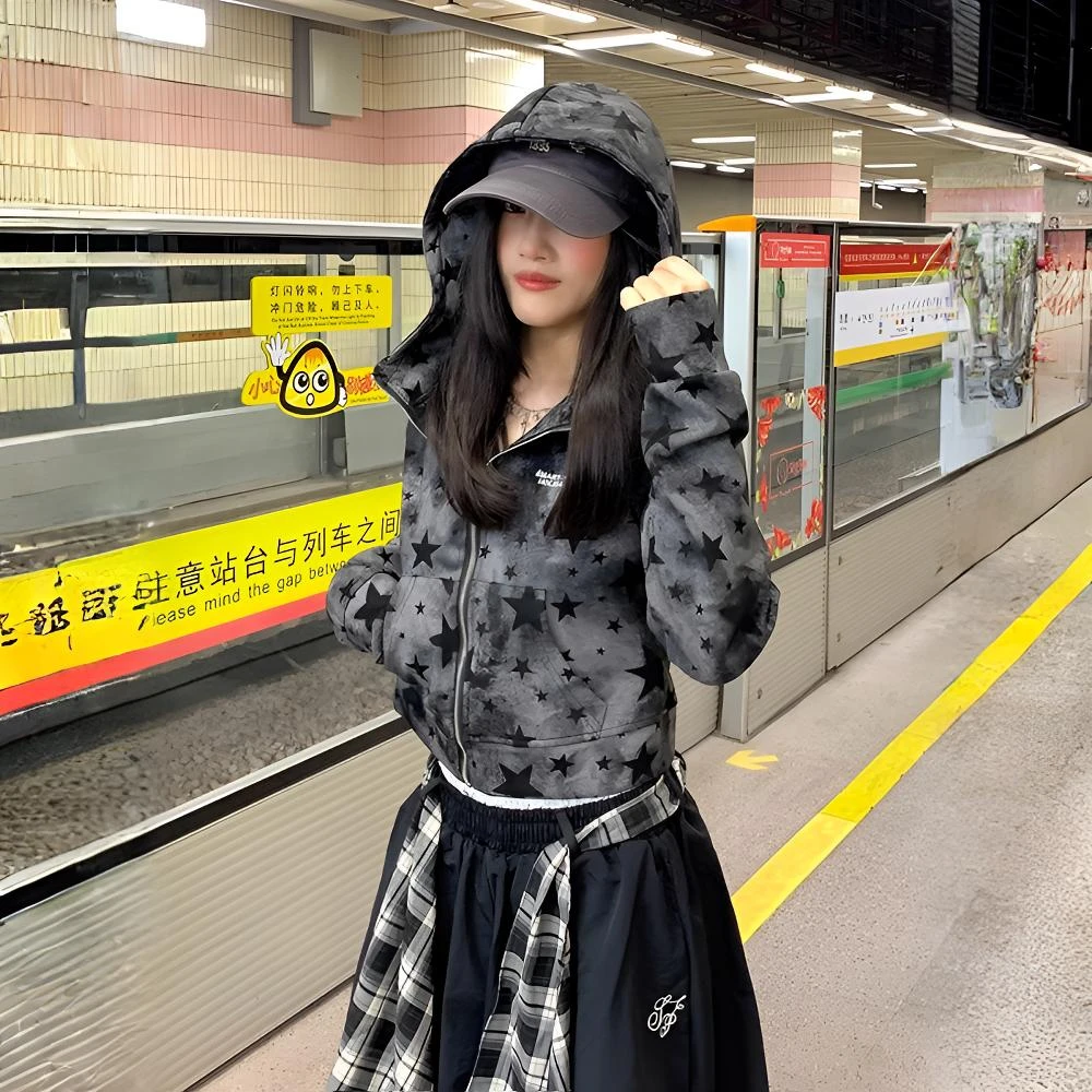 美式复古星星满印迷彩拉链外套女2025新款辣妹短款连帽上衣外套潮