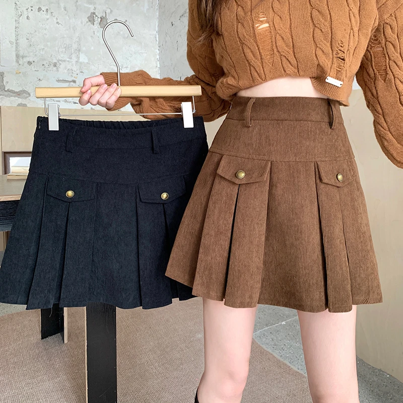 大码韩系甜辣妹a字半身裙女秋胖mm高腰遮肉加厚灯芯绒百褶短裙子