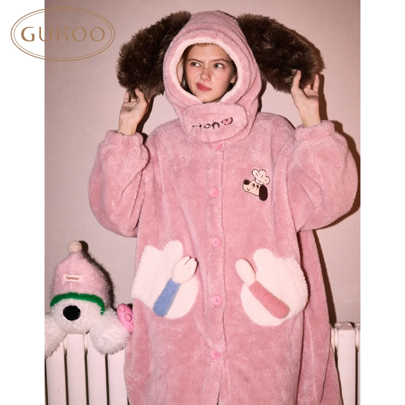 【Gukoo果壳】冬季厚款长袖卡通动漫女睡袍宽松轰轰小狗可外穿睡衣