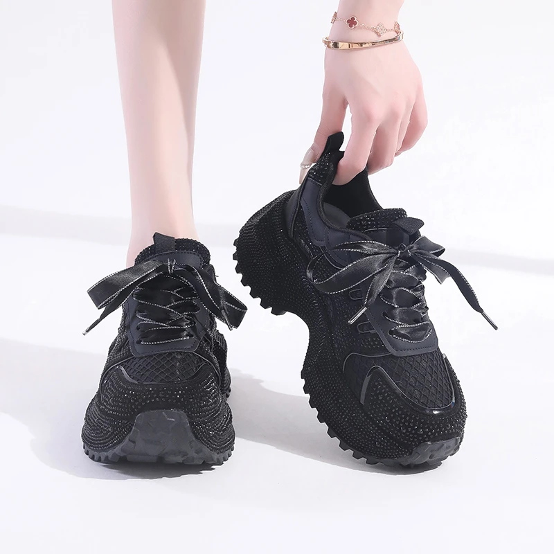 网面老爹鞋女2025新款春秋时尚亮钻厚底女士鞋超火炸街休闲鞋