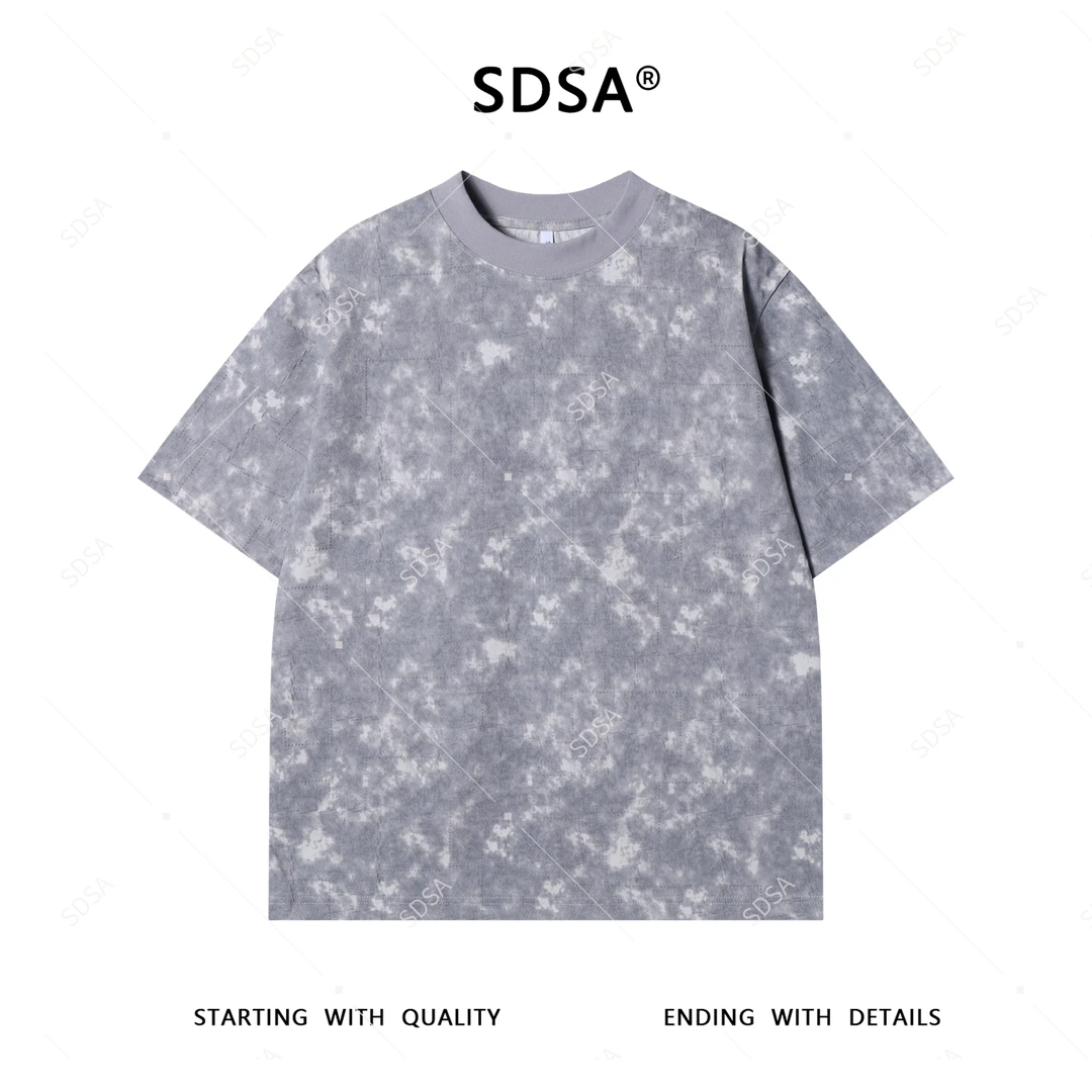 SDSA夏季新款男士痞帅扎染虚线方形设计短袖T恤百搭时尚圆领上衣