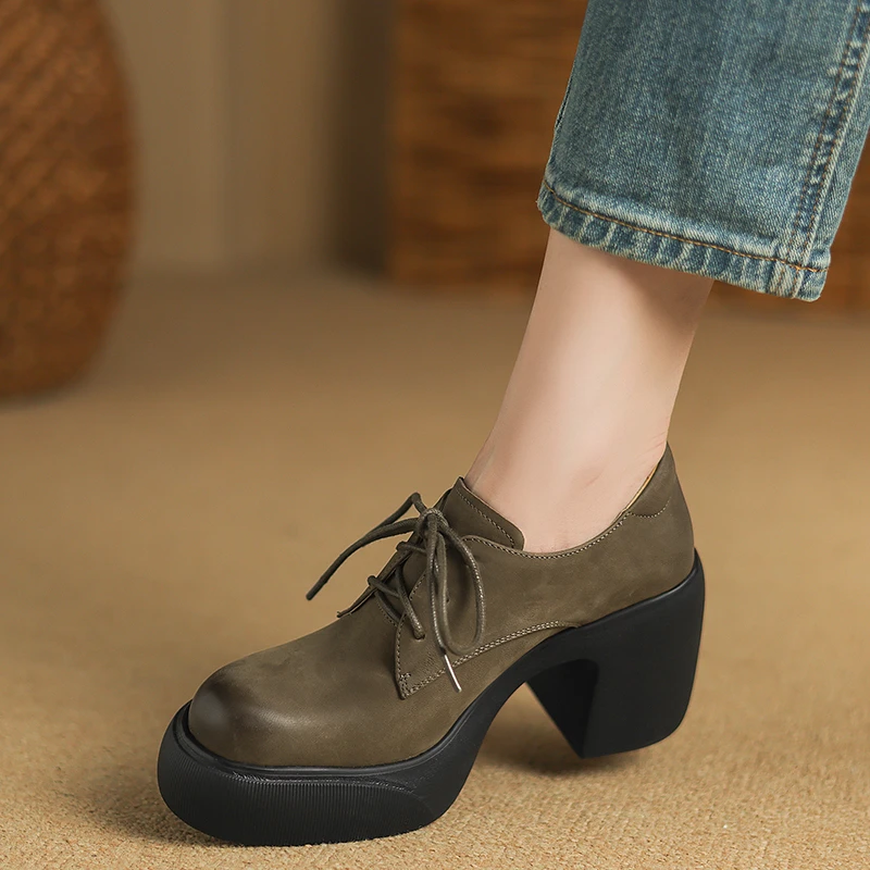 9cm粗跟真皮系带深口单鞋2025年新款小皮鞋厚底防水台女士高跟鞋