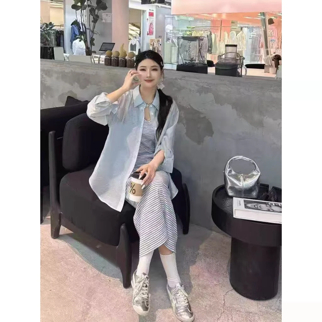 显瘦条纹吊带纯色衬衫头绳三件套2025年春夏季新款女装爆款