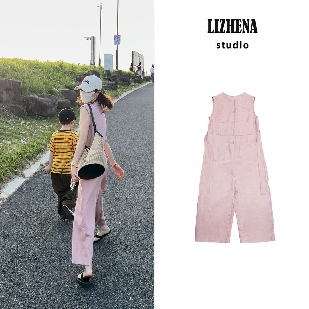 LIZHENNA【天丝亚麻连体衣】夏装新款亚麻腰带无袖宽松显瘦连体裤