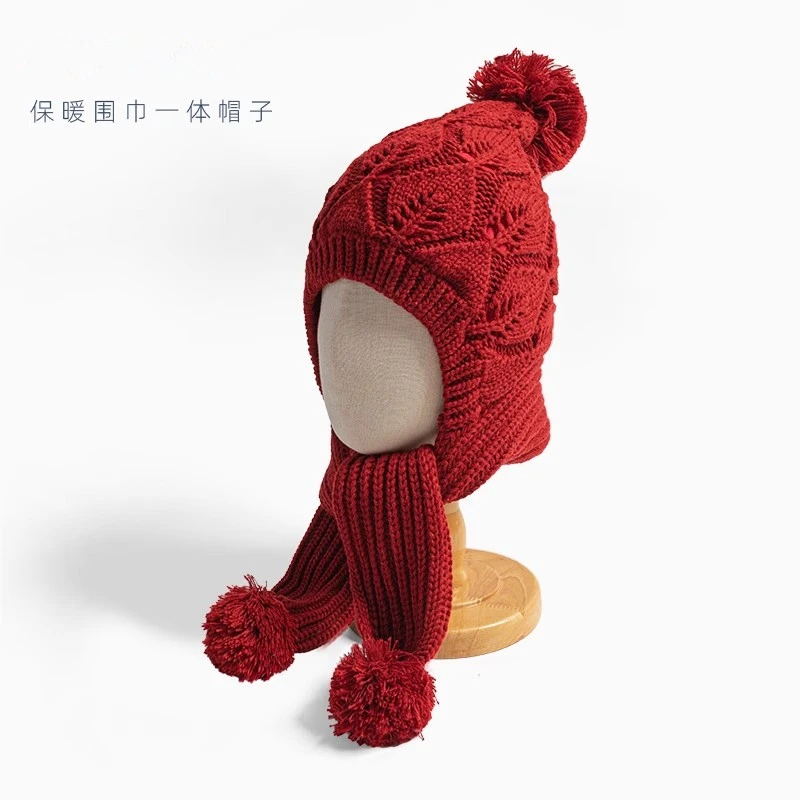国风新年红儿童帽子女宝宝冬季保暖宝宝套头帽可爱围巾一体护耳帽