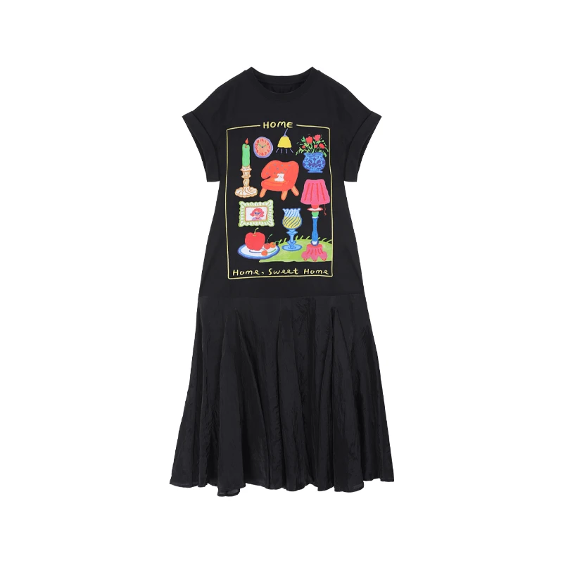 RAQZ53048夏季新款欧货时尚圆领水果花卉刺绣下摆拼接短袖连衣裙