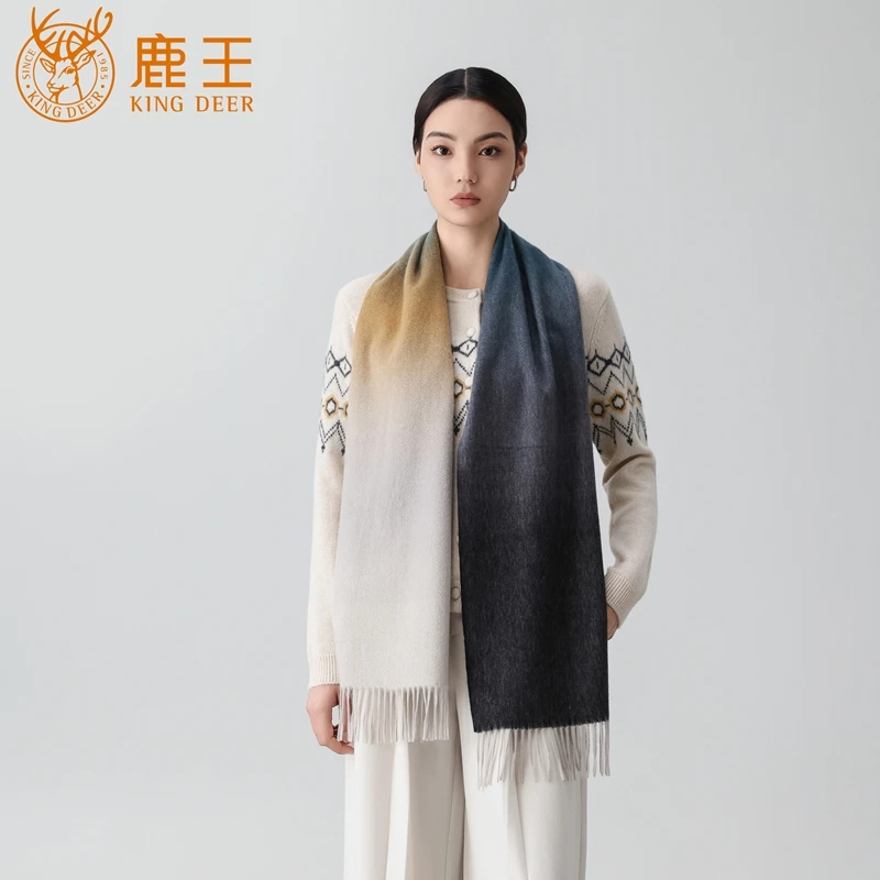 鹿王25秋冬新款100山羊绒水波纹渐变色围巾女保暖围脖 WXL005