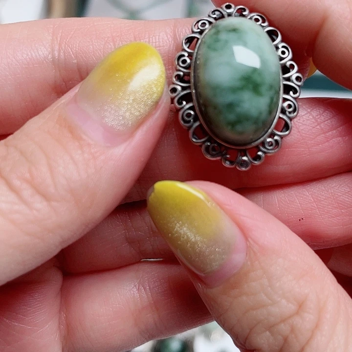 透闪石-蛇纹石玉银S925镶嵌戒指