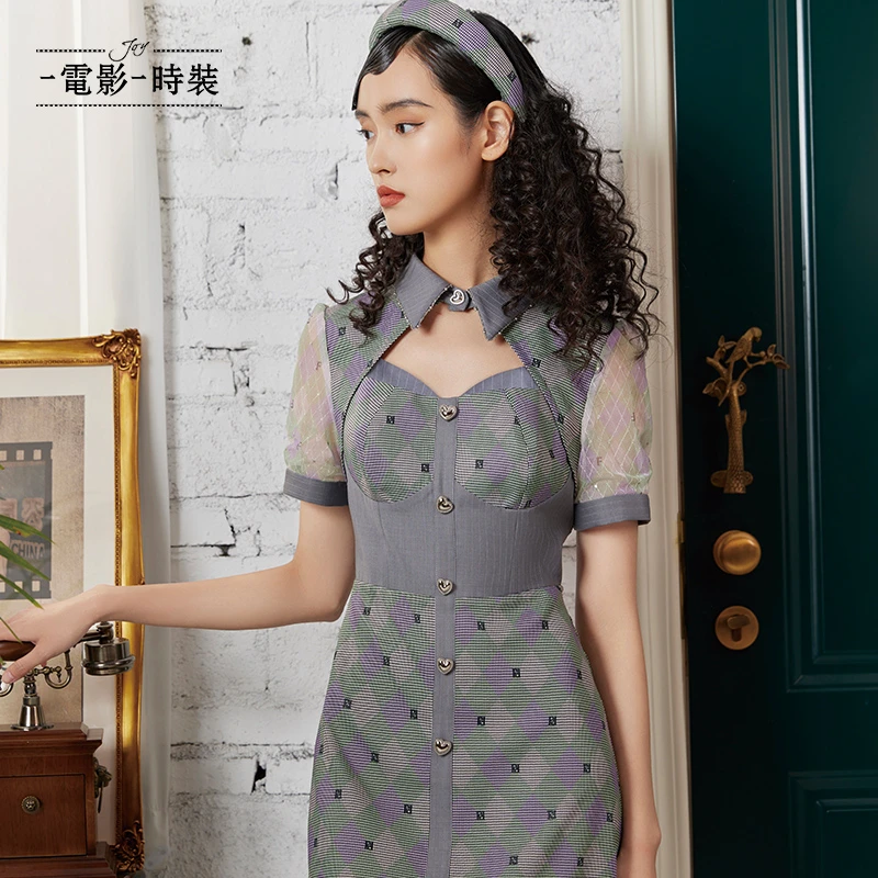 【程钱钱】一电影一时装蕾丝格子短袖镂空复古连衣裙FCBL121502