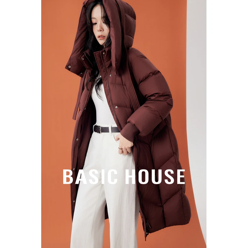Basic House/百家好长款连帽羽绒服保暖菱格羽绒外套B0625B5IAA2