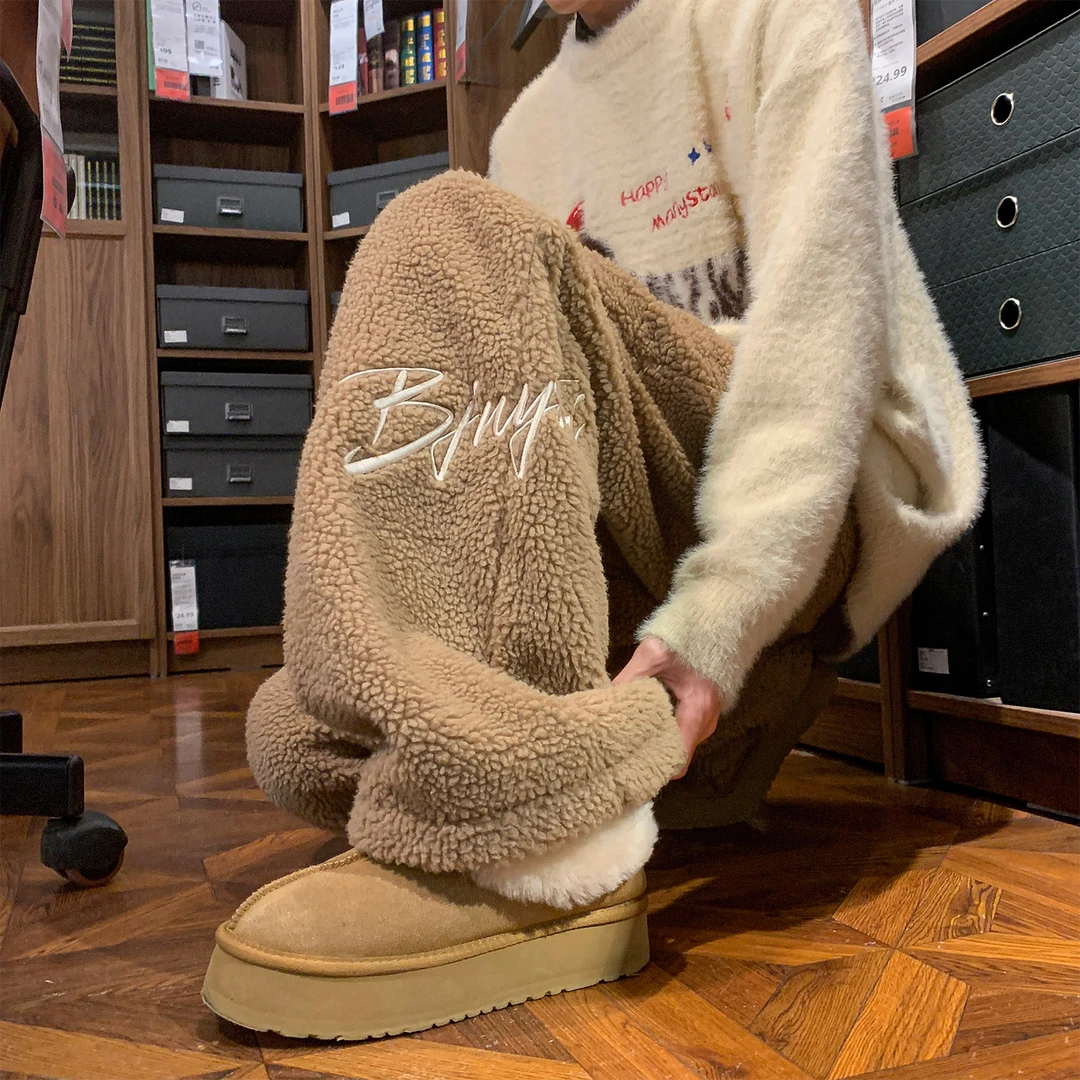 cuwu咖色刺绣加绒卫裤女男冬季羊羔绒棉裤加厚保暖情侣阔腿休闲裤