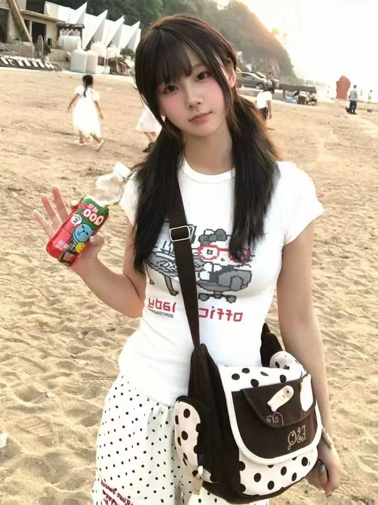 白色正肩t恤女夏季新款HElloKitty印花圆领短袖修身显瘦短款上衣