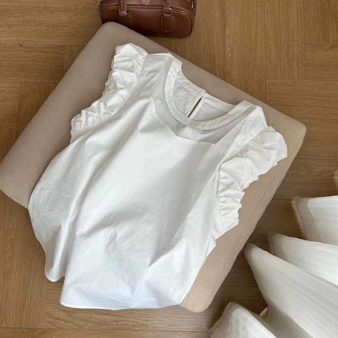 百搭纯色衬衫韩版成人简约网纱夏季无袖圆领泡泡袖