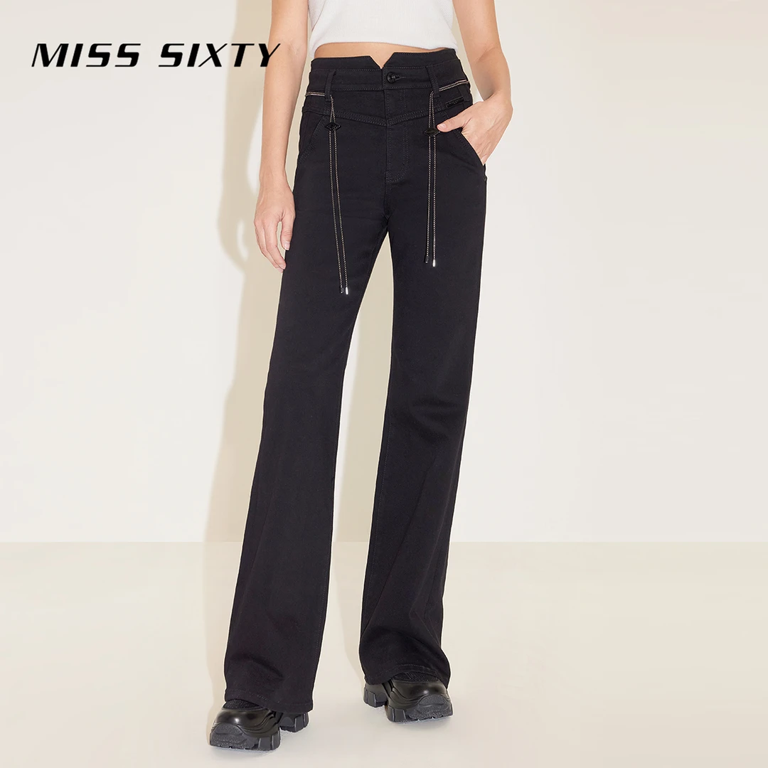 MissSixty牛仔裤小v高腰链条微喇小黑裤雅丹风271