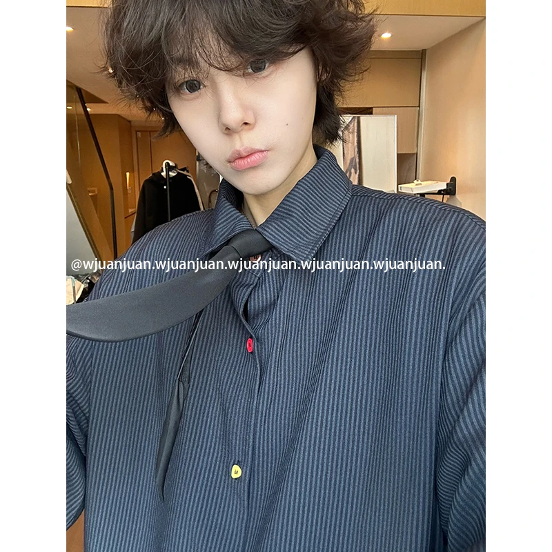 『WJUANJUAN』春季新款男女ovresize宽松慵懒条纹彩扣衬衫长袖衬衣