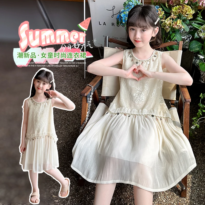 女童连衣裙夏季2025新款洋气雪纺夏装女孩大童无袖裙子儿童公主裙