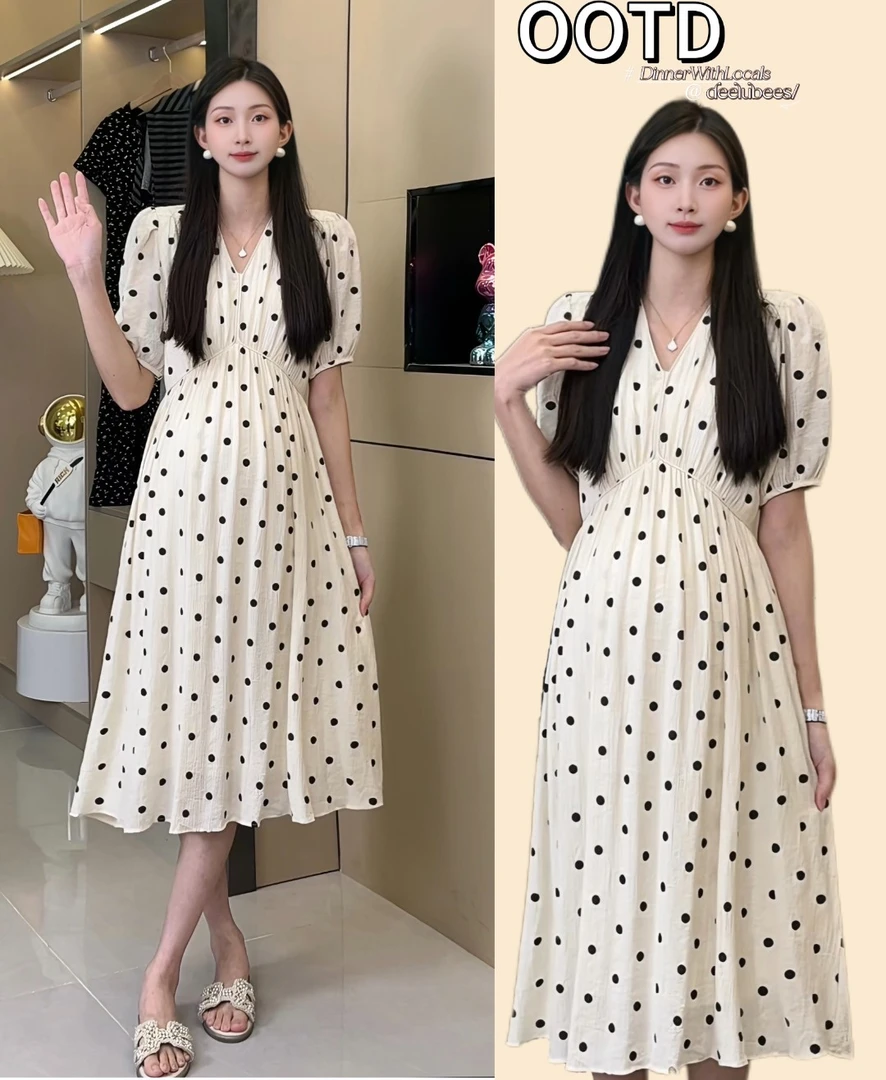 【酥酥】夏季新款时尚气质波点法式简约显瘦复古泡泡袖孕妇连衣裙