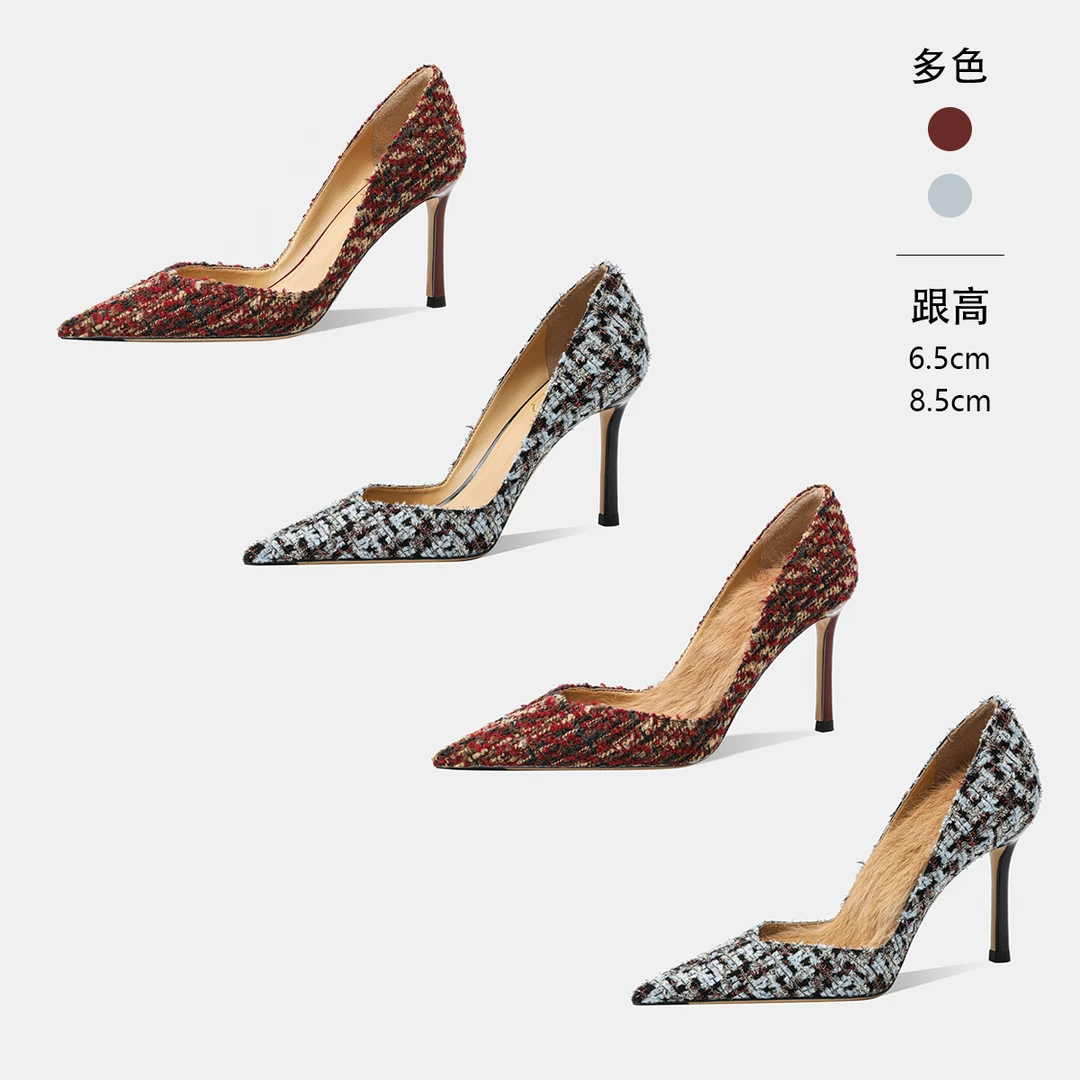 2025新款爆款气质小香风蓝色轻奢时尚性感春季法式尖头高跟鞋