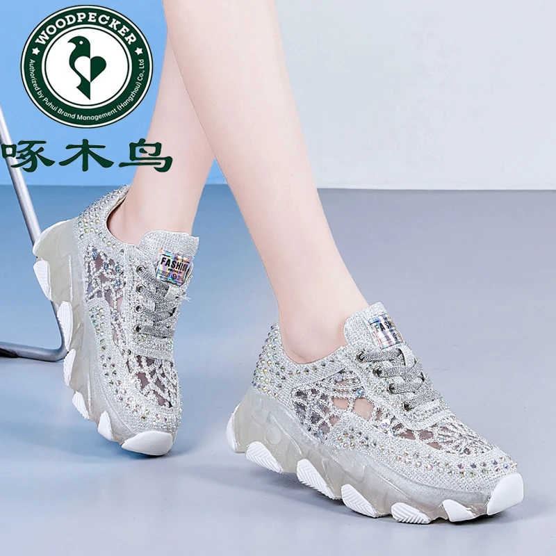 啄木鸟仙女风水钻网面老爹鞋女2025夏季网纱薄款透气百搭运动鞋子