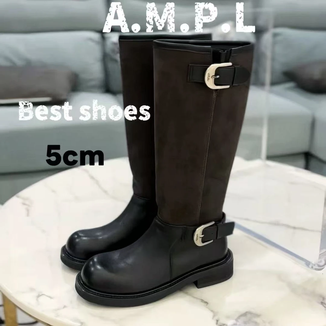 长靴女2025冬新款麂皮厚底内增高长筒靴女大筒围皮带扣粗跟马丁靴