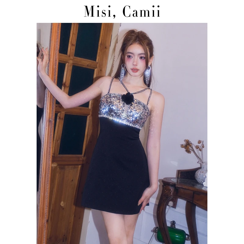 Misi,Camii2023早秋新款性感辣妹气质珠片拼接吊带小礼服连衣裙