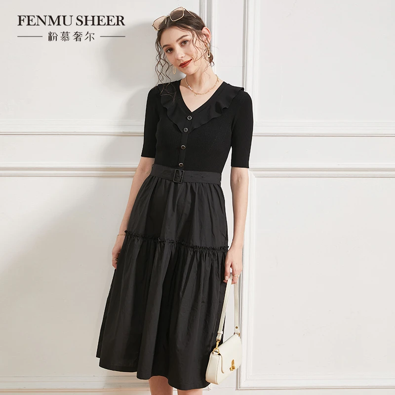 【粉丝专享】粉慕奢尔复古大气V领高腰收腰小众极简连衣裙D991