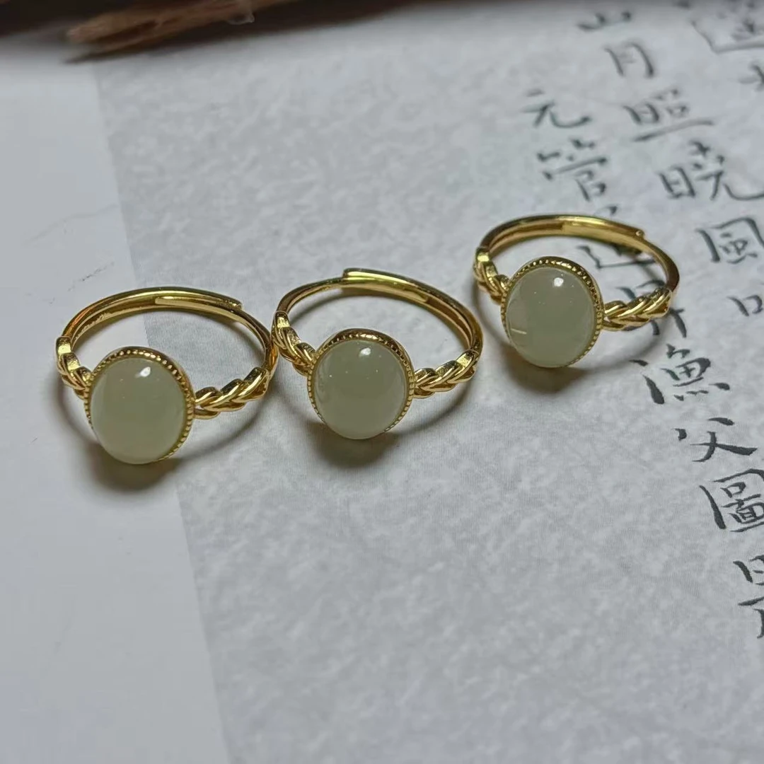 《老猪严选》天然和田玉蛋面活口戒S925银戒托多样性发其一