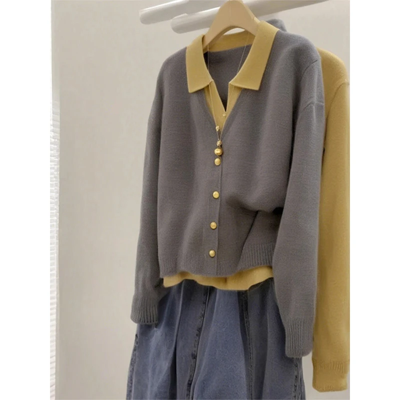 韩系时尚假两件撞色长袖针织开衫女秋季大码女装胖MM气质百搭上衣