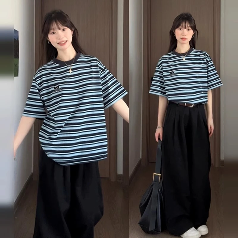 【帝韵】复古撞色条纹短袖t恤女夏季大码宽松卡通印花休闲圆领上衣