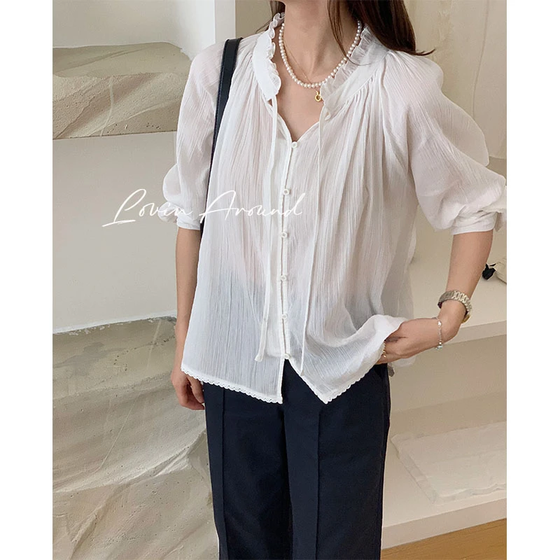 LOVIN AROUND【树下】韩版东大门新款夏季防晒法式复古小白花衬衫
