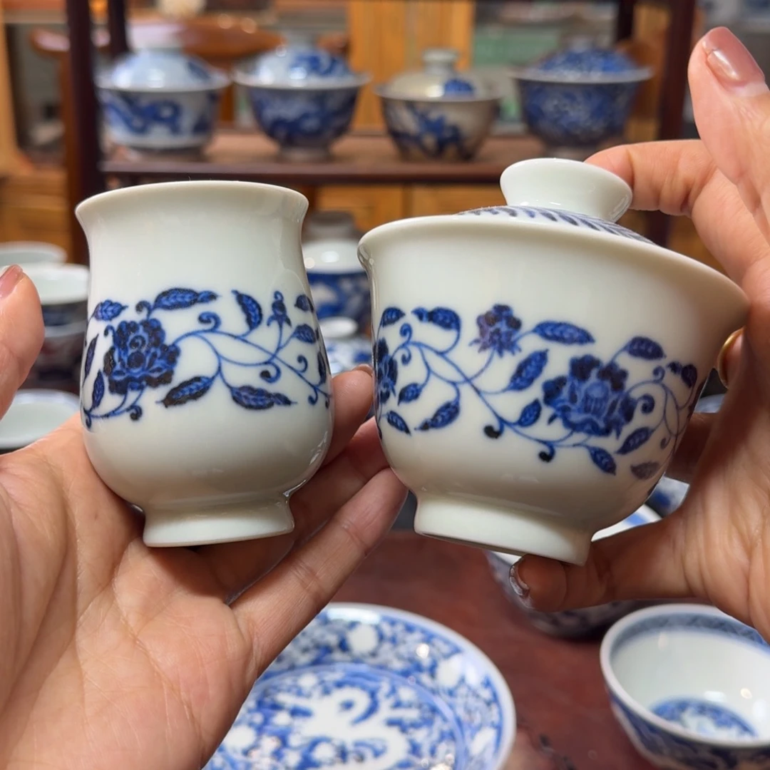 春花秋月缠枝莲两件套手绘柴窑