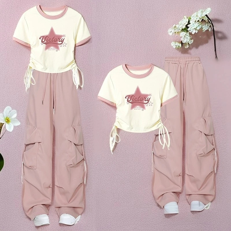 女童夏装套装初中学生洋气短袖上衣潮流高腰显瘦工装裤两件套