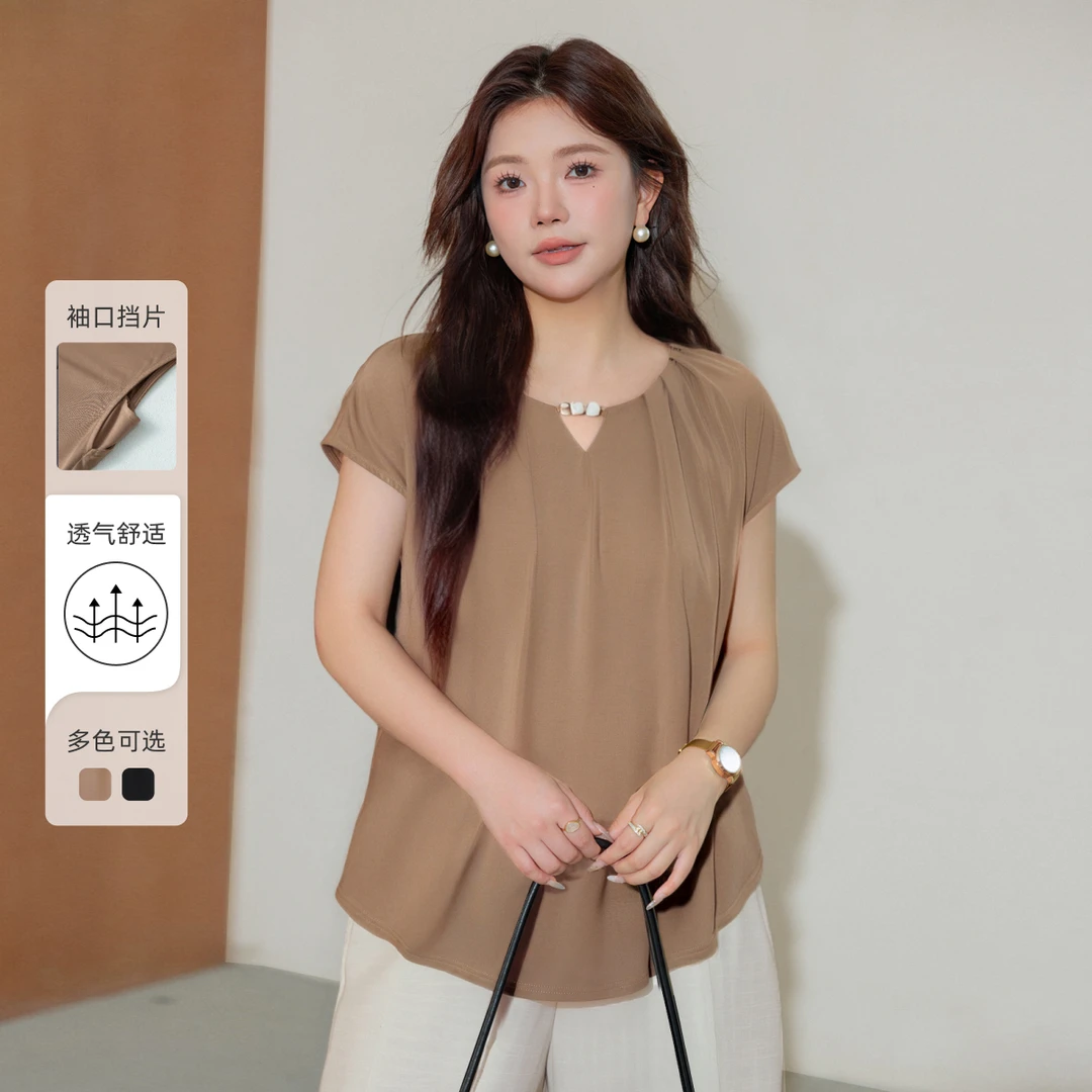 【串珠小V领褶皱莫代尔T恤】MsShe大码女装夏装宽松短袖B2505049