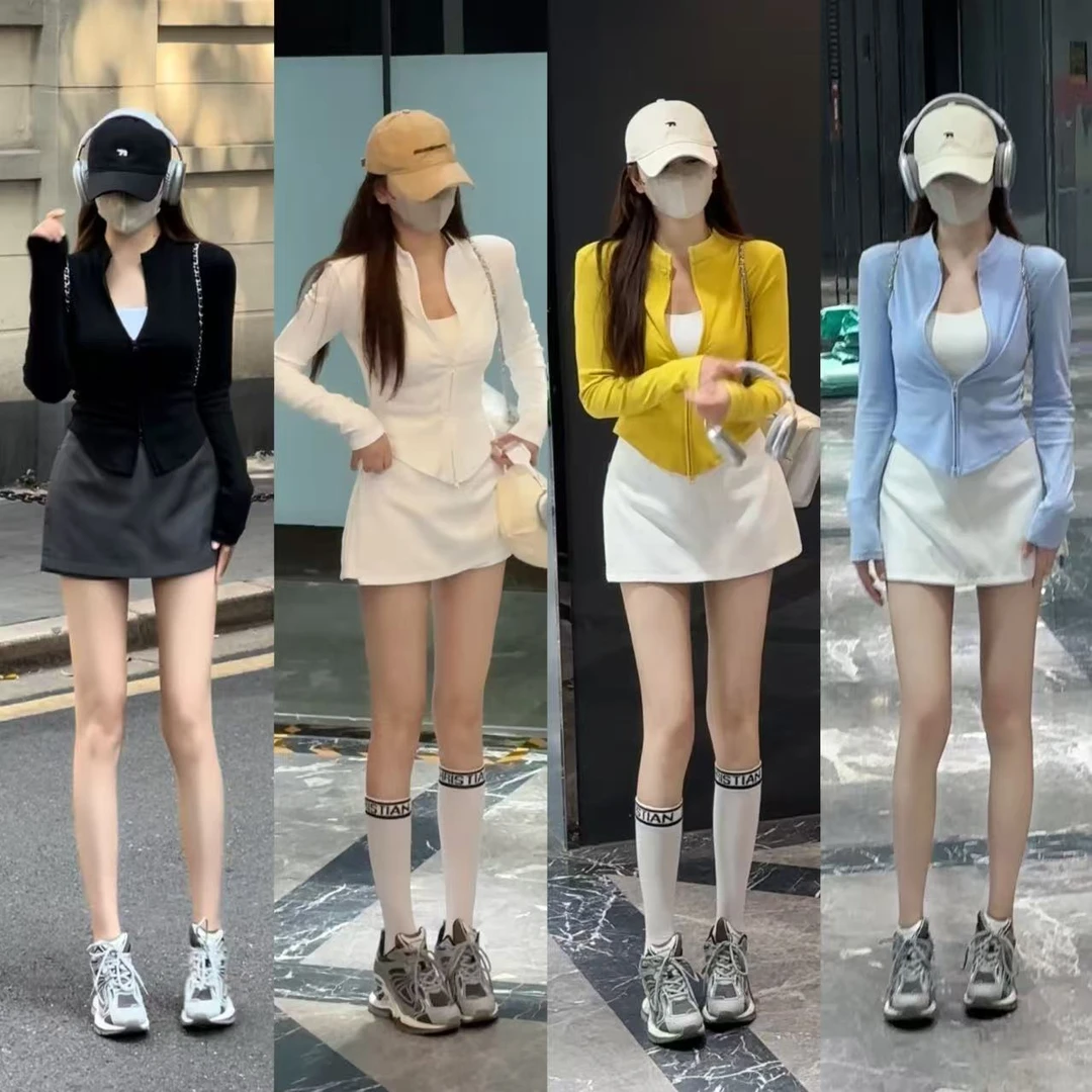 【上衣】现货！巨显瘦！早秋薄款百搭辣妹双拉链立领开衫修身短款外套