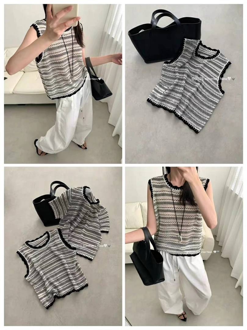 WTT-7872 高级感撞色条纹针织镂空圆领无袖背心显瘦波西米亚马甲