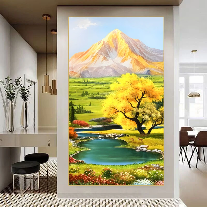 6340-黄金发财树聚宝盆金山平面玄关装饰画竖版山水装饰画