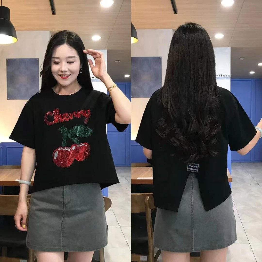 烫钻时尚短袖T恤女士2025夏季新款个性修身休闲显瘦百搭短款上衣