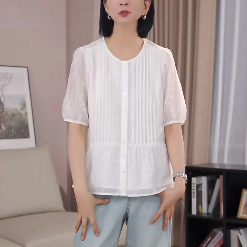 2025夏季新款白色宽松短袖衬衫女减龄洋气压皱刺绣别致小衫上衣