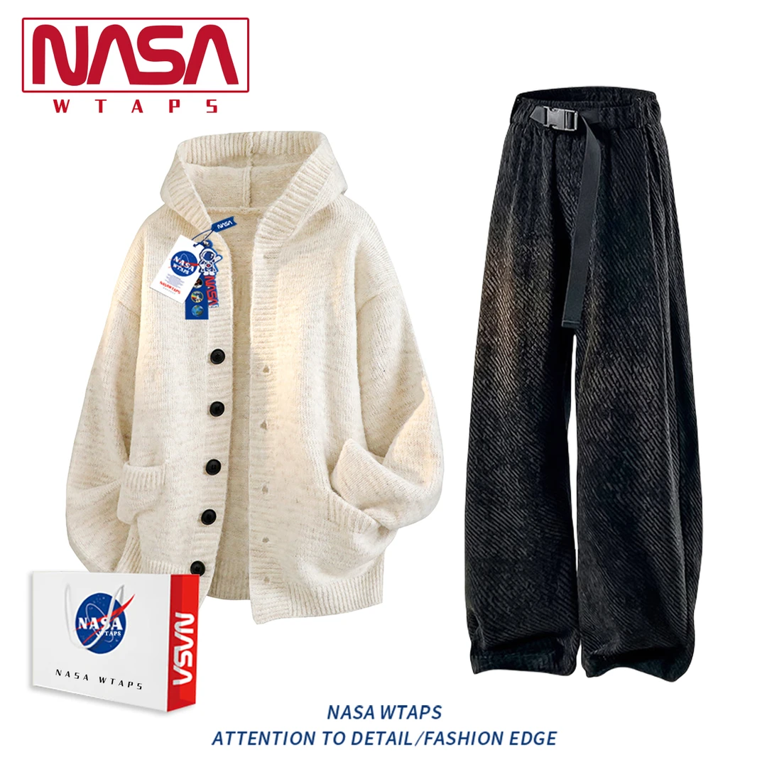 NASA WTAPS美式慵懒风开衫连帽毛衣套装男款秋季针织休闲穿搭套装